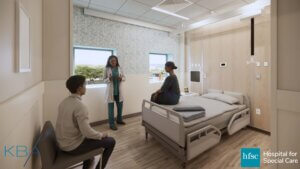 Female physician meeting with a patient and caregiver in a private medical rehabilitation room