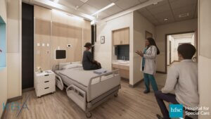 Female physician consulting a patient and caregiver in a private medical rehabilitation room